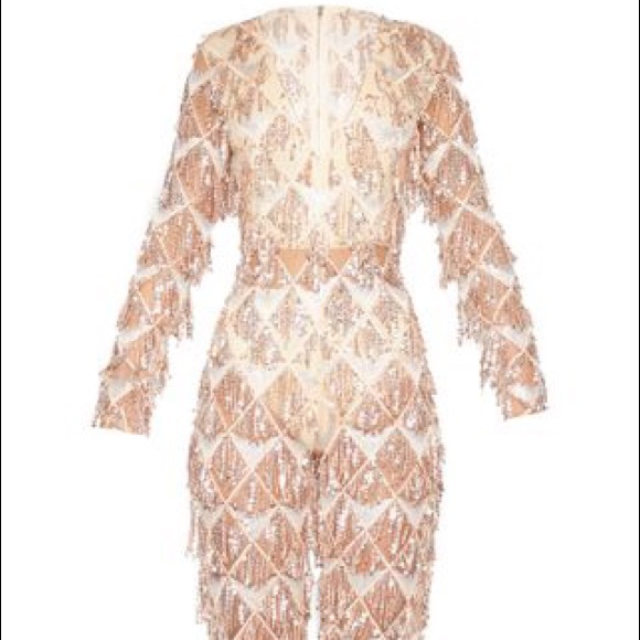 Rose Gold Tassel Sequin Plunge Jumpsuit - Picture 2 of 7